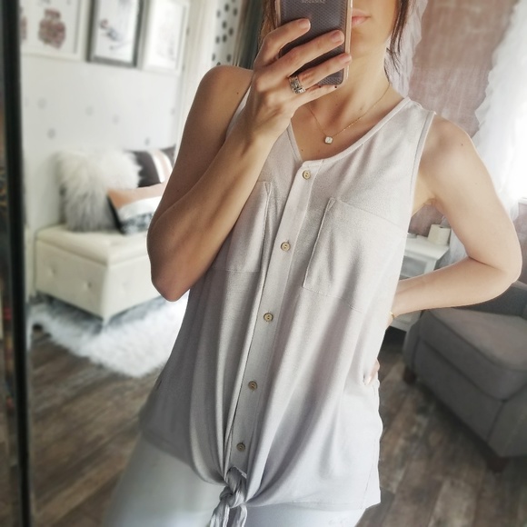 Summer Silver Gray Slinky Pocket Tank Button Top Sleeveless Henley Top - Picture 2 of 8